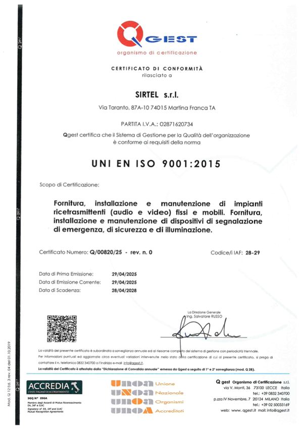 Copertina Certificato ISO 9001