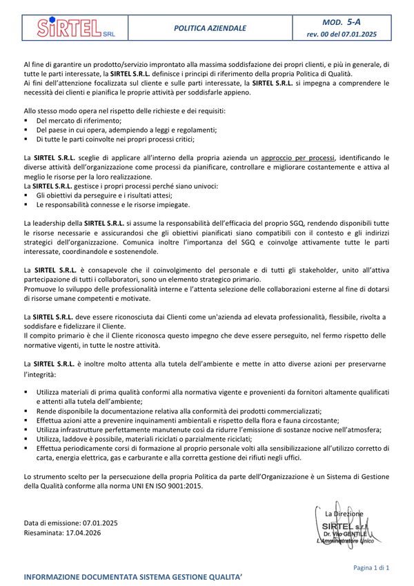 Copertina Politica aziendale (Mod. 5-A)